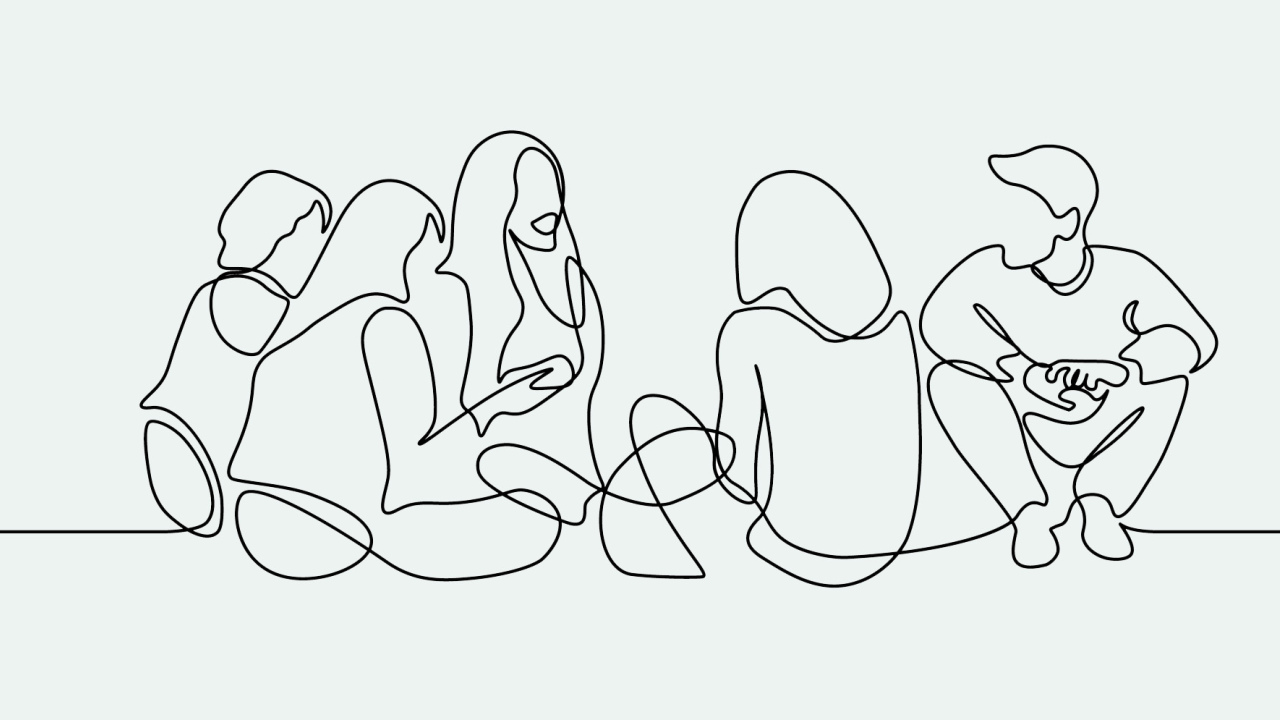 Line drawing of students in conversation