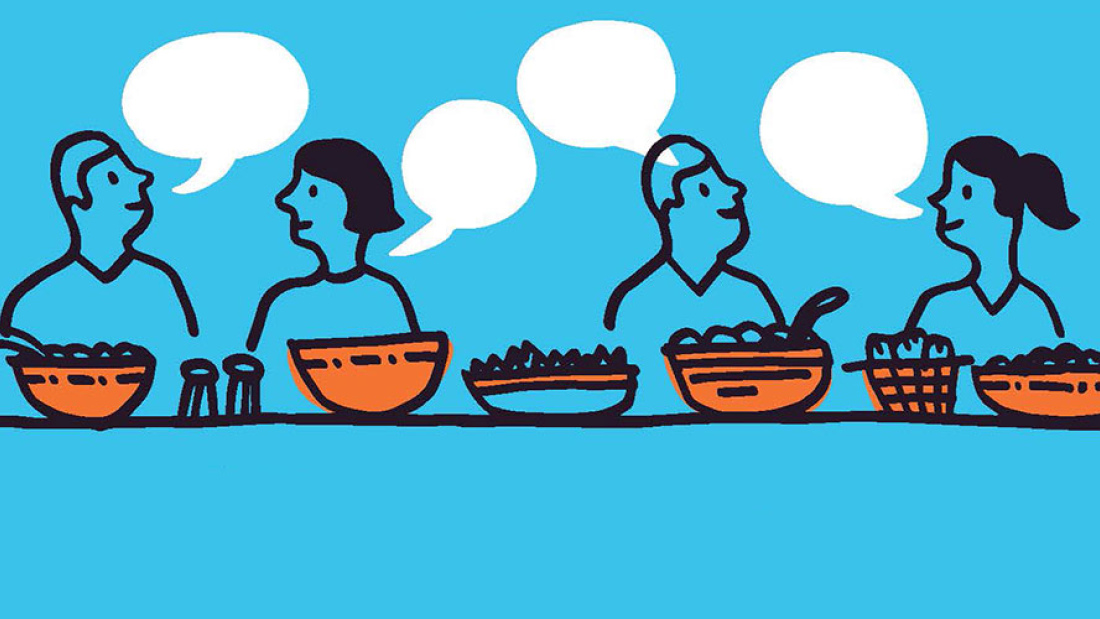 Illustration of four people eating together