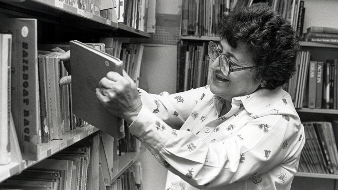 Jeanne Chall in the library stacks Jeanne Chall in the library stacks