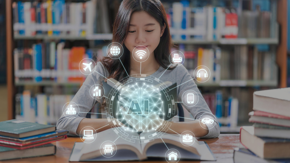 Girl in school library with AI graphic