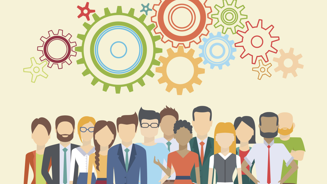 Illustration of group of people and gears