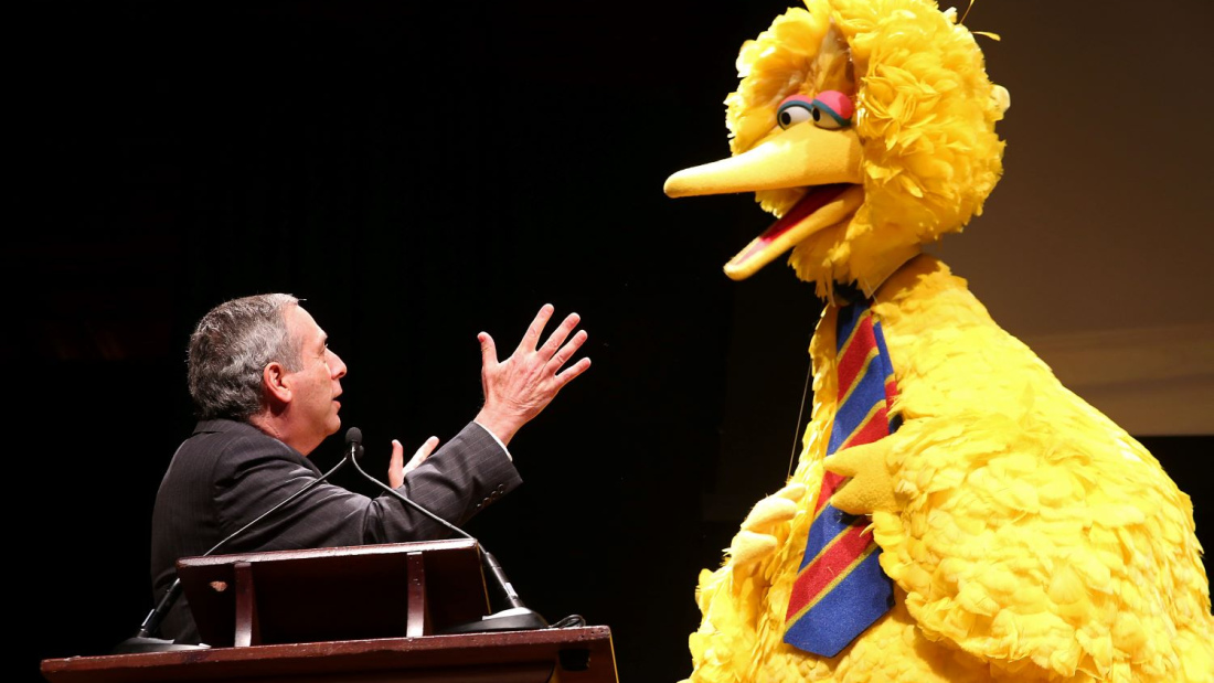 Lawrence Bacow with Big Bird