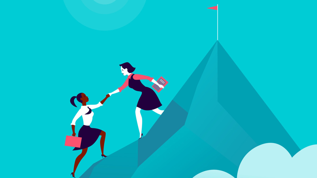 Illustration of a woman helping another woman scale mountain Illustration of a woman helping another woman scale mountain