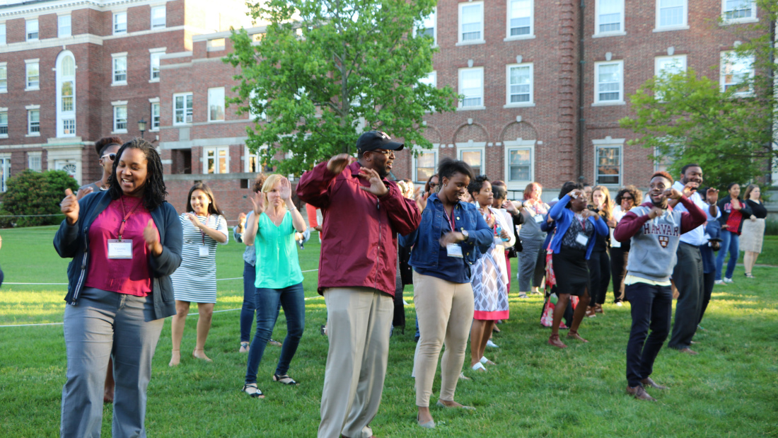 Group or participants dancing on the lawn