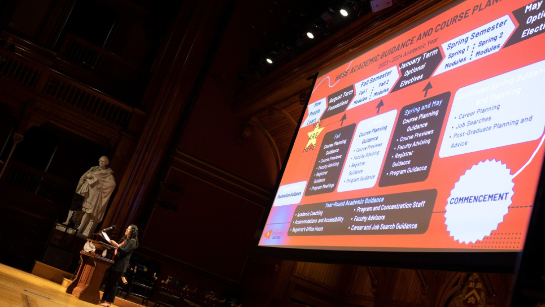 A roadmap to graduation is shown on stage at Sanders Theatre