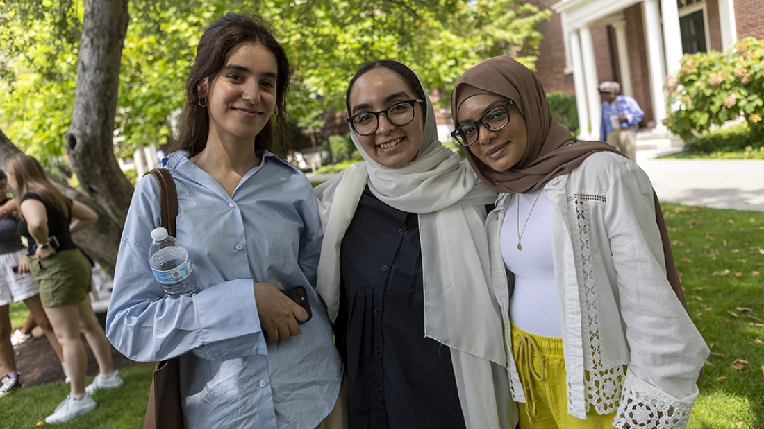 Students pose outside in Radcliffe Yard