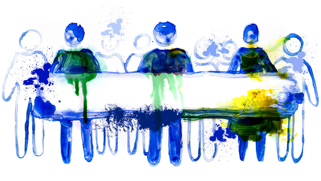 Concept art of watercolor stick figures in blue and white