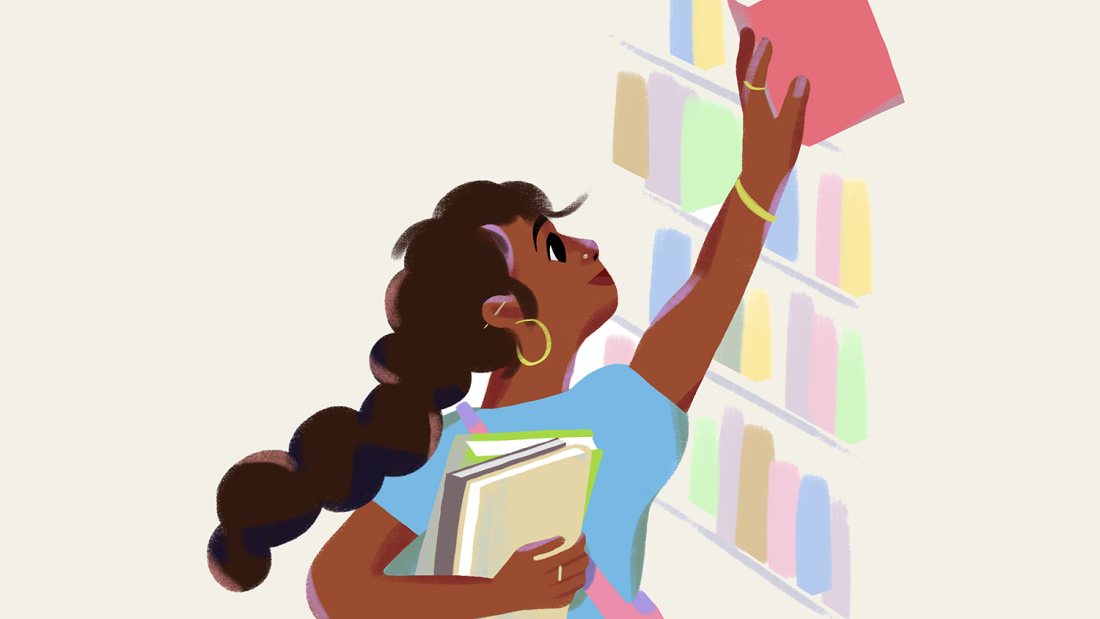 Illustration of young girl at a bookshelf