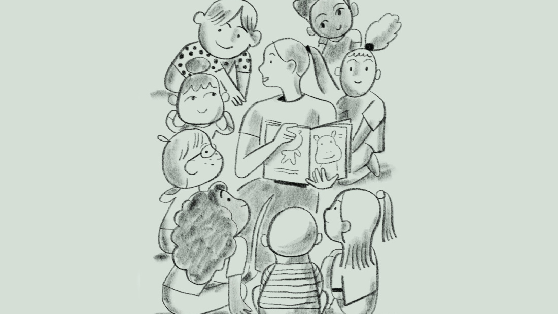 Line drawing of teacher reading to children