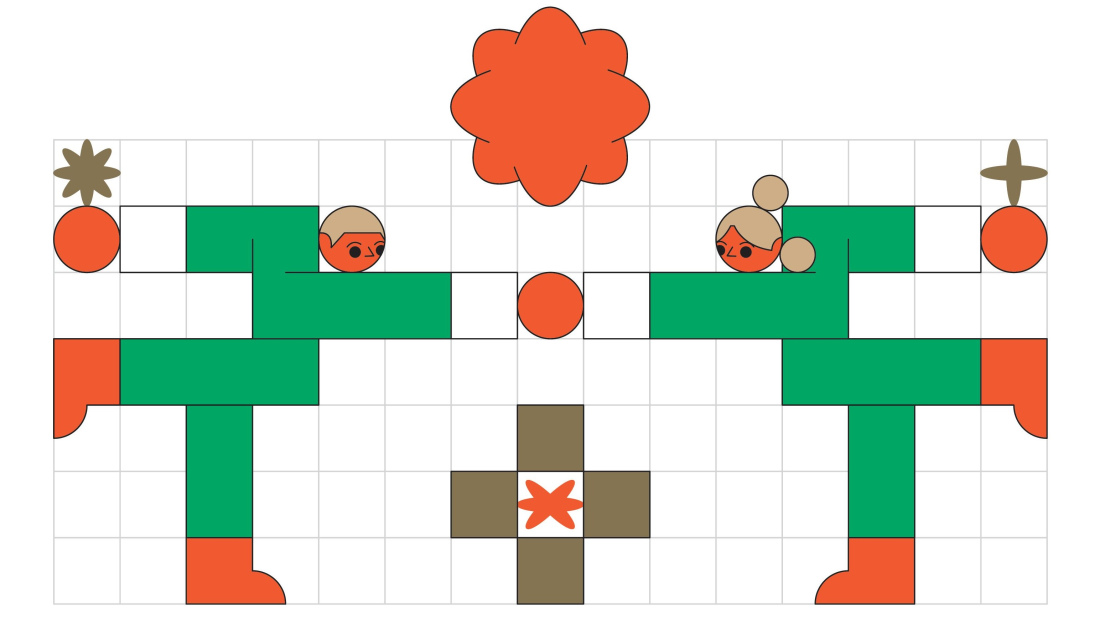 Illustration of a grid with specific boxes colored in to look like people