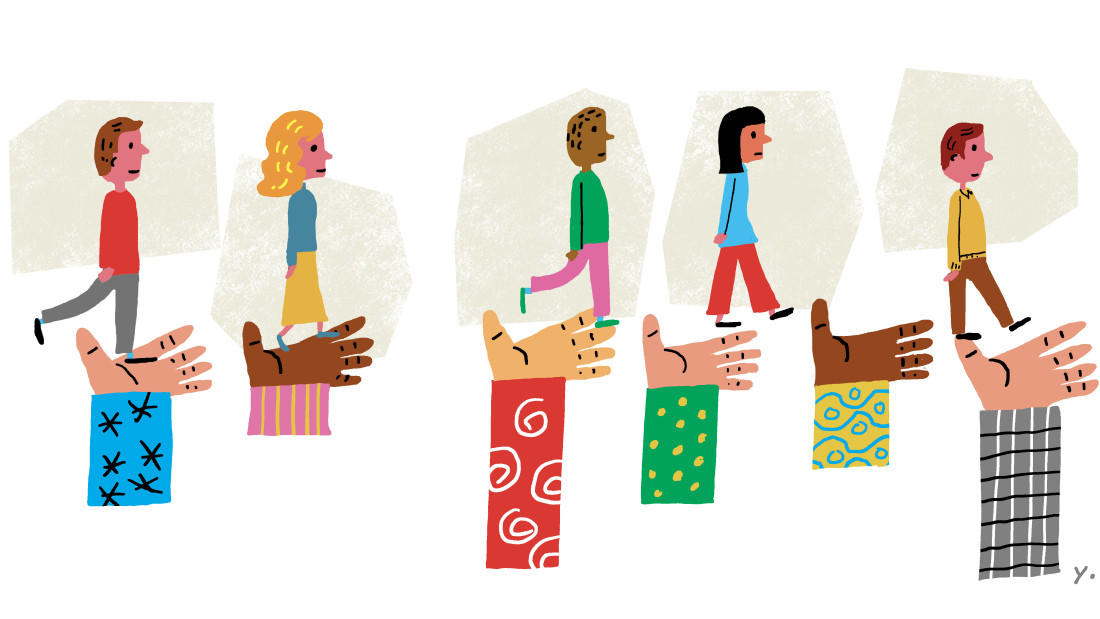 Illustration of people being held up by arms, akin to pillars