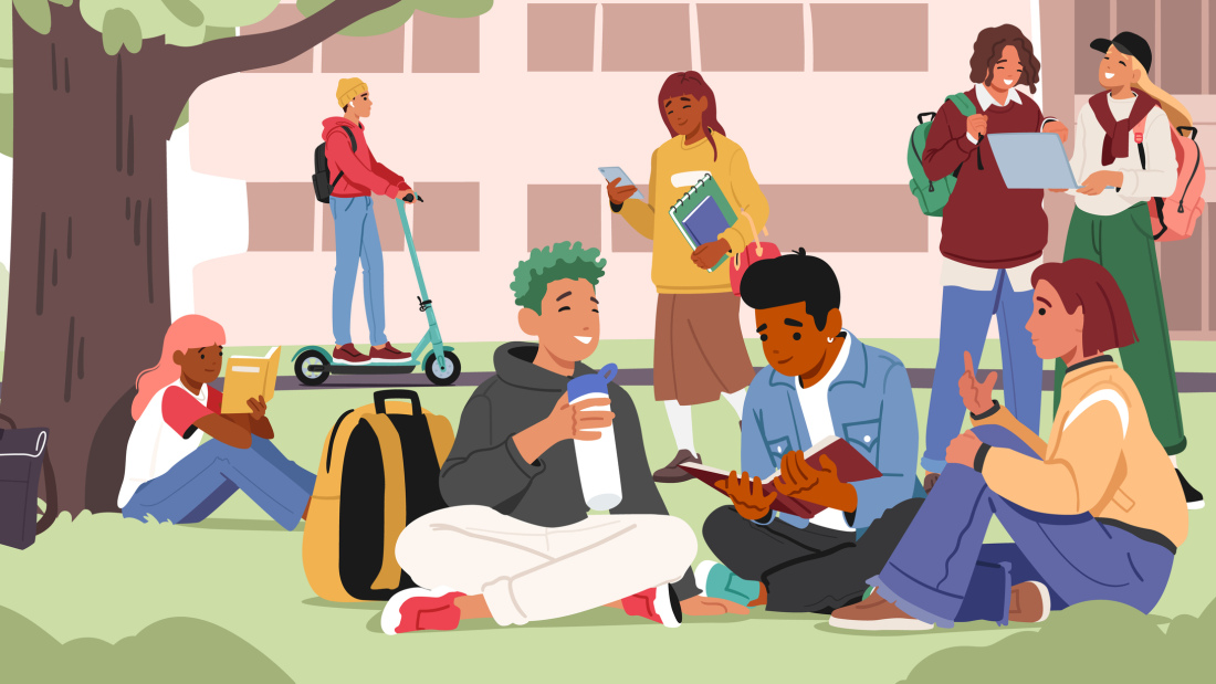 Illustration of teens doing schoolwork outside