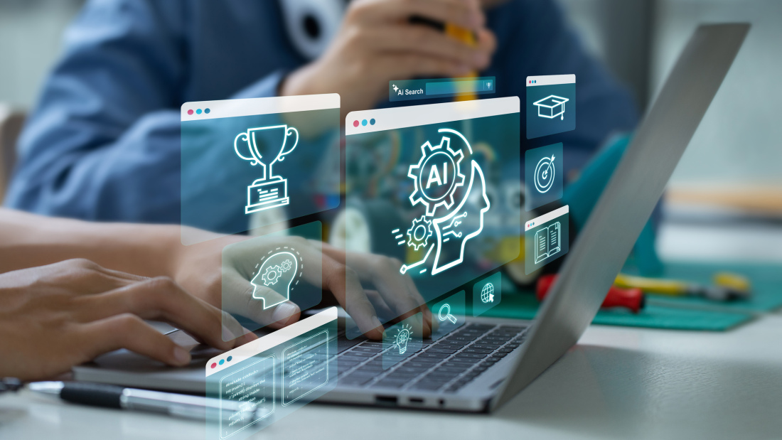 Student uses AI on laptop 