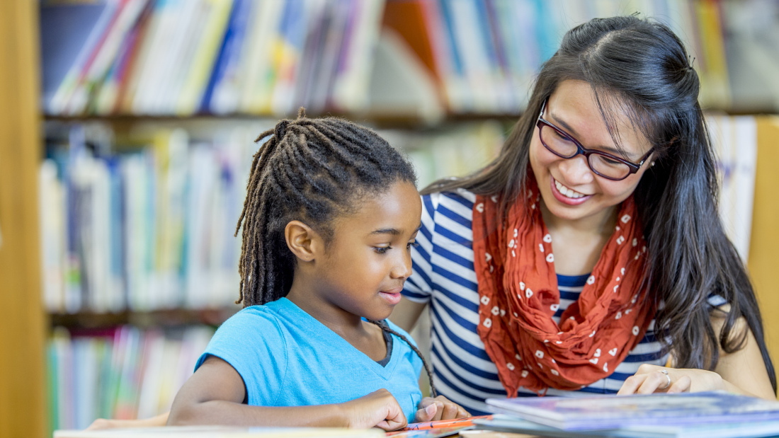 Tutor with student in school library