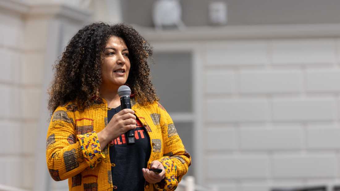 HGSE student Farah Assiraj speaks in Askwith Hall