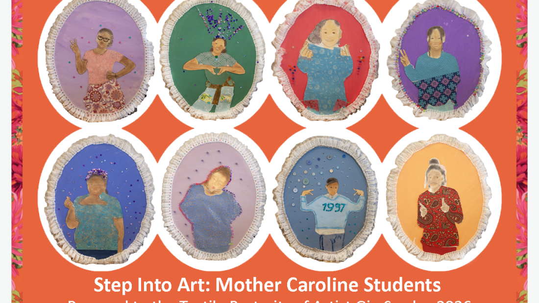 Self-portraits of Mother Carline Academy sixth-graders for the annual 2026 exhibit