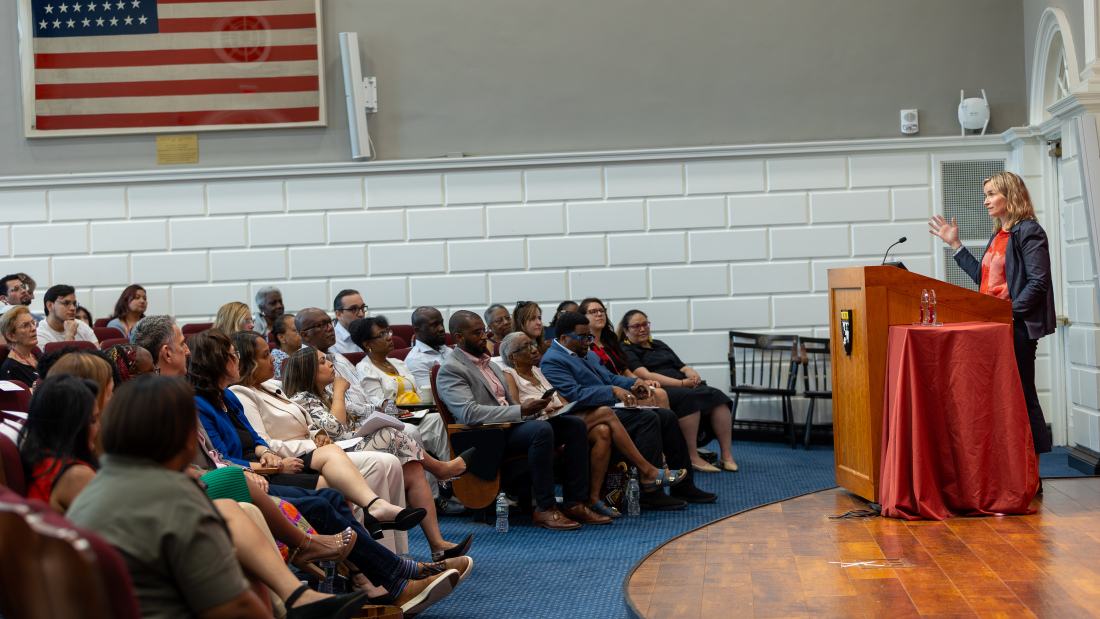 Dean Nonie Lesaux addresses alums in Askwith Hall
