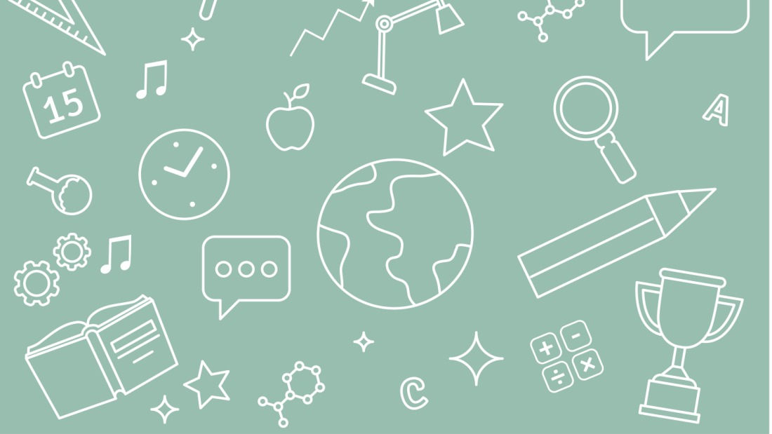 Illustration of chalkboard with trophy, star, earth