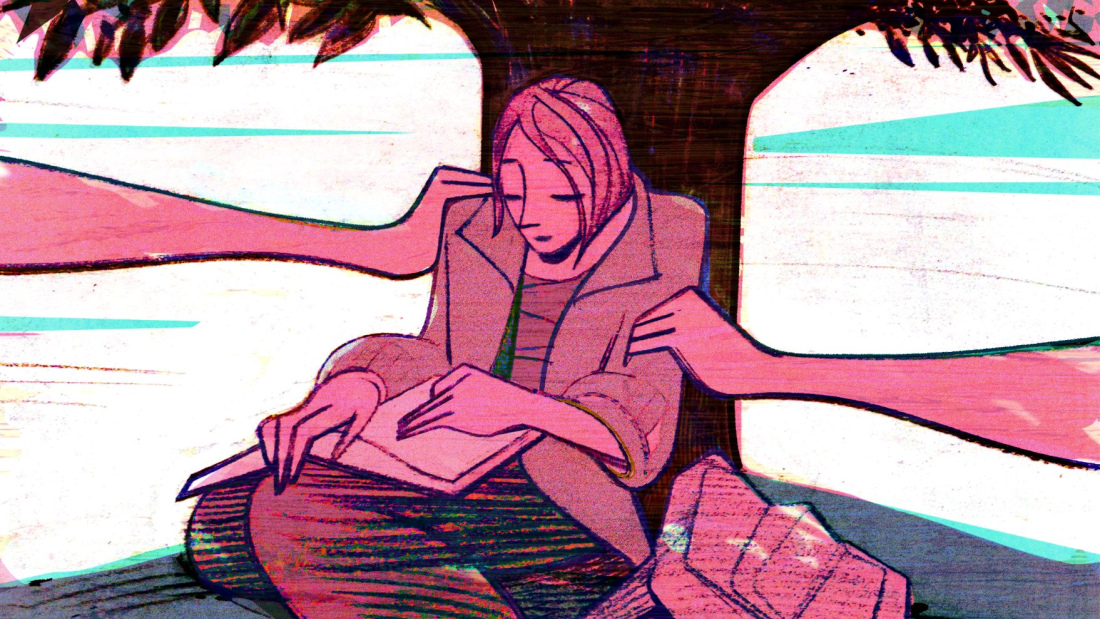 Illustration of student supported by family