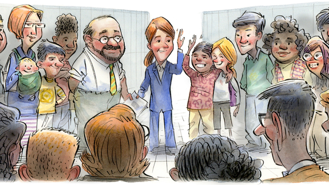 Cartoon of teacher, standing in a circle with students and other teachers, high-fiving one student