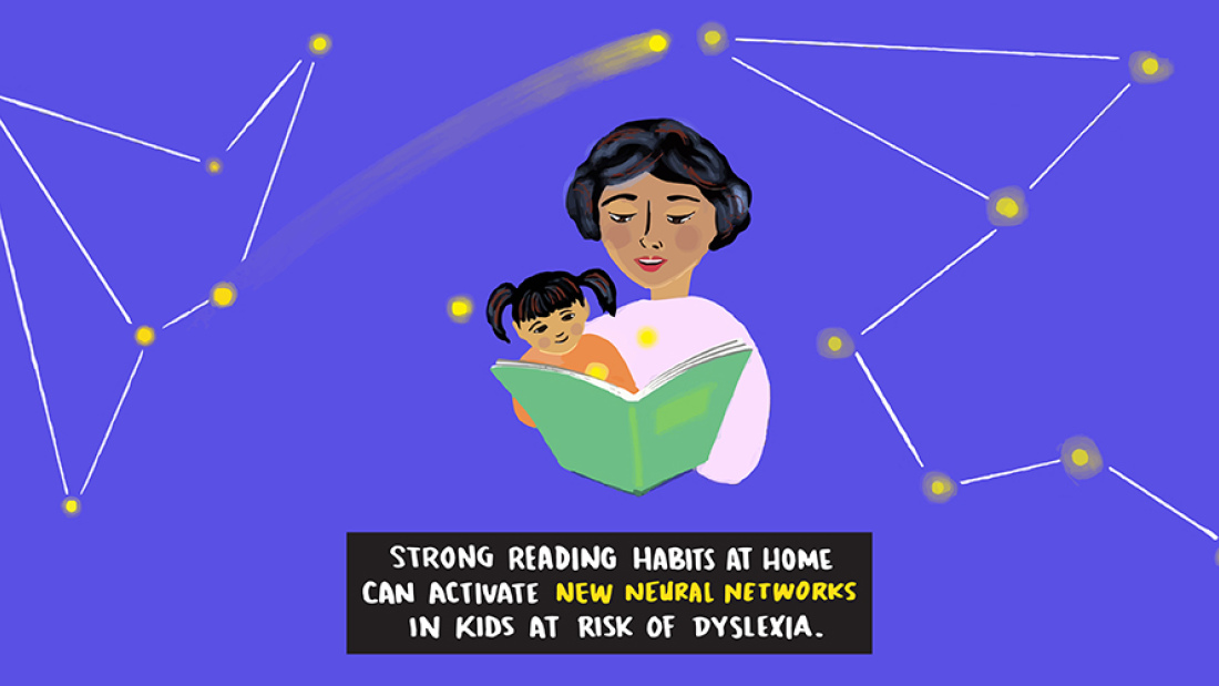 Illustration of a mother reading to a child; over their heads, a shooting star connects a constellation on the left side with a constellation on the right side