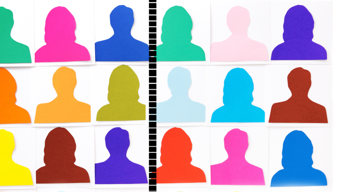 Bright-colored silhouettes on 2 sides of dividing line