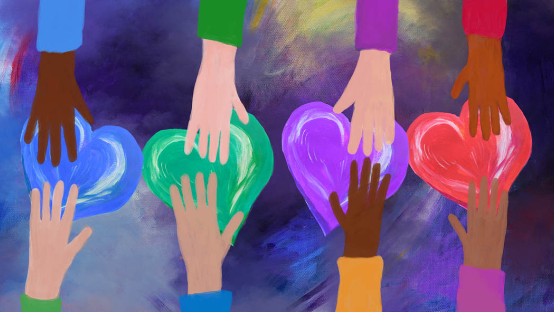 Illustrated hands holding hearts