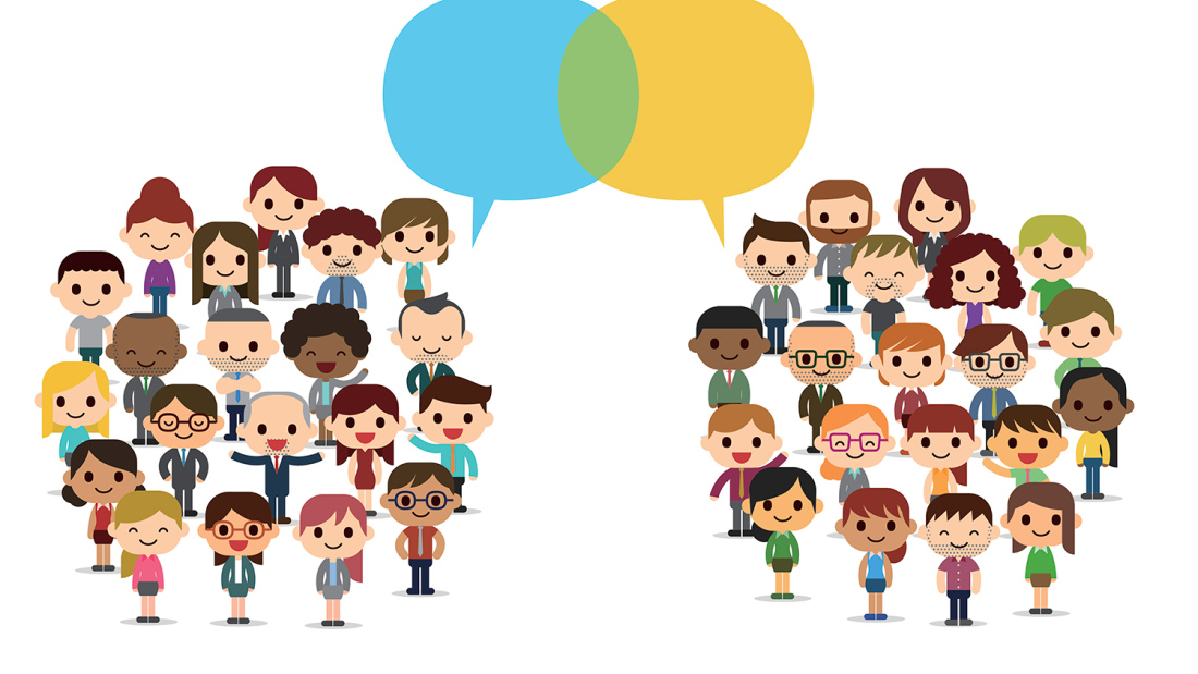 Colorful cartoon illustration of two groups of people listening to each other