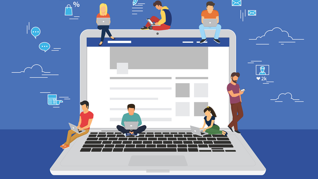 Graphical illustration of a laptop surrounded by representations of students