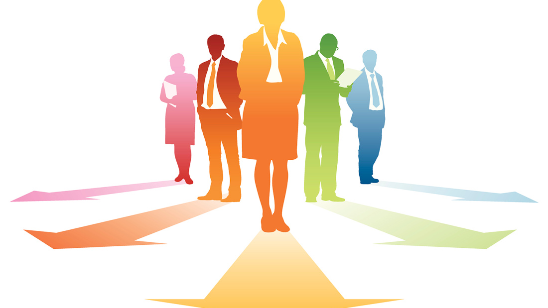 illustrated rainbow-colored silhouettes of people, with arrows under their feet pointing in different directions
