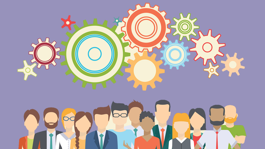 illlustration of diverse group of people with gear-like mechanism over their heads