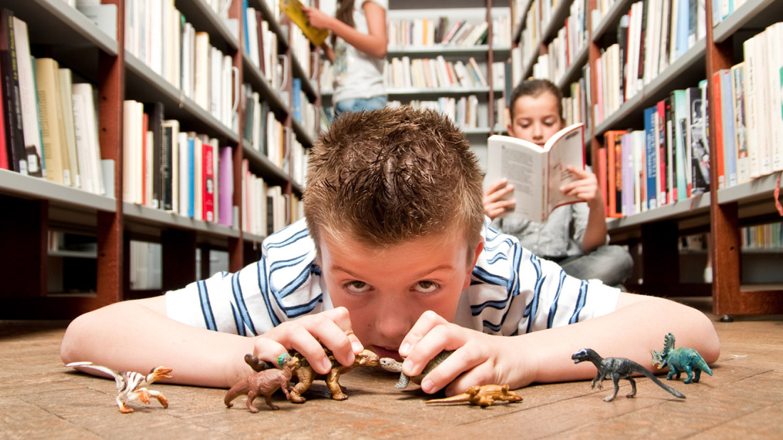 Boy playing with dinosaurs in library