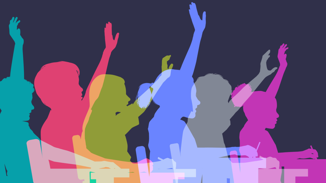 Colorful profiles of students raising hands in class
