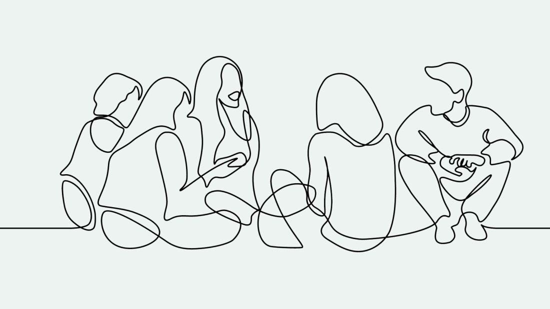 Line drawing of students in conversation