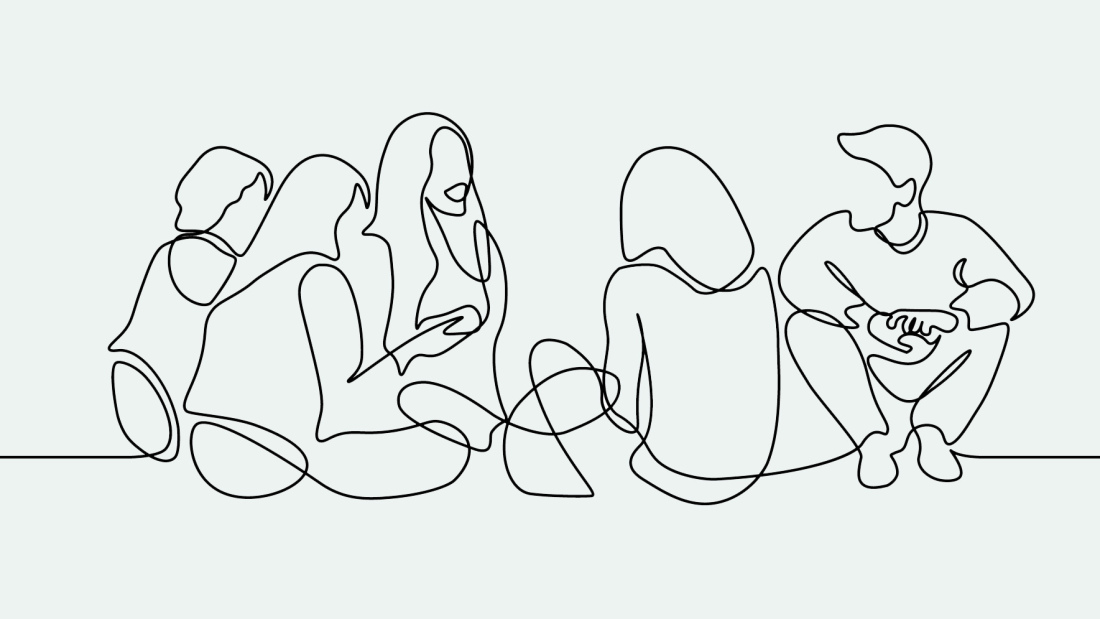 Line drawing of students in conversation