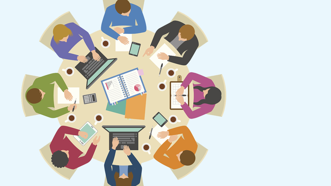 Illustration of group of coworkers around a table, seen from above