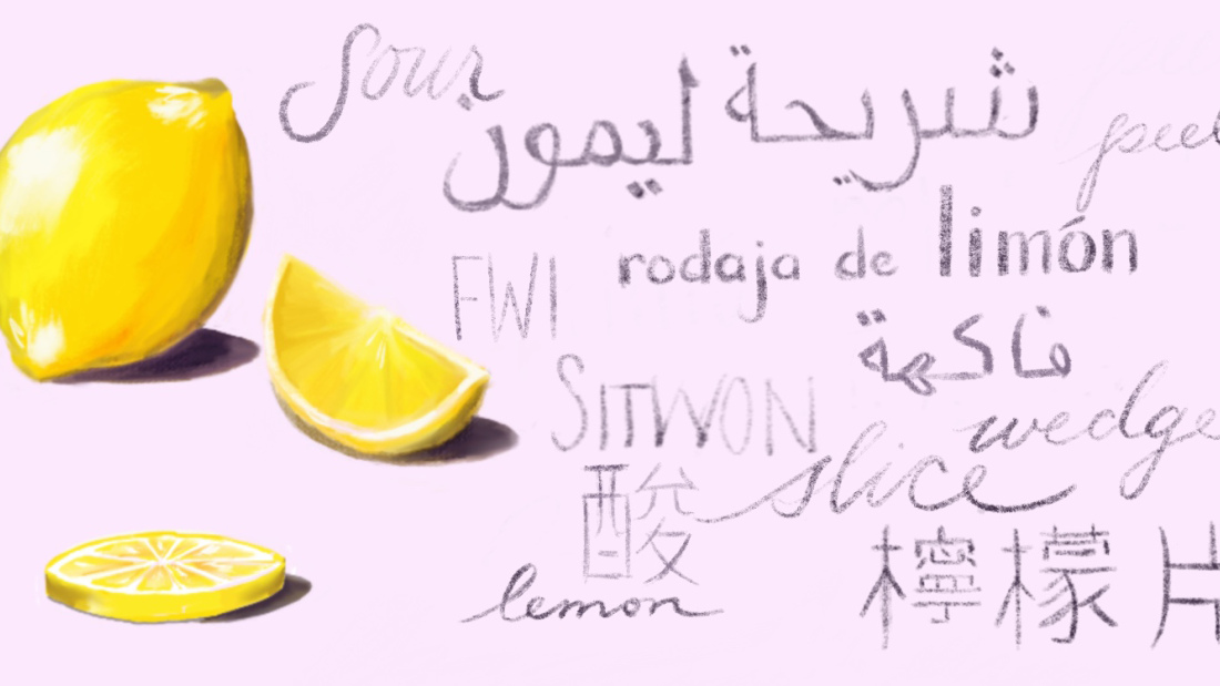 illustration of a lemon next to the word "lemon" in many languages