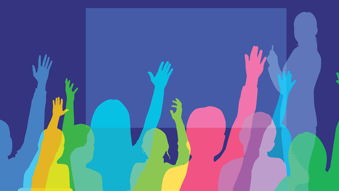 Colorful graphic of school children with raised hands, facing teacher at chalkboard