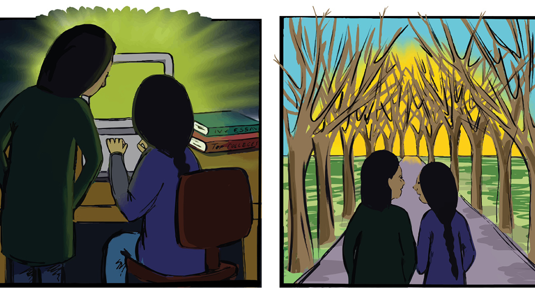 comic strip with parent and student looking at computer, then parent and student walking in the woods