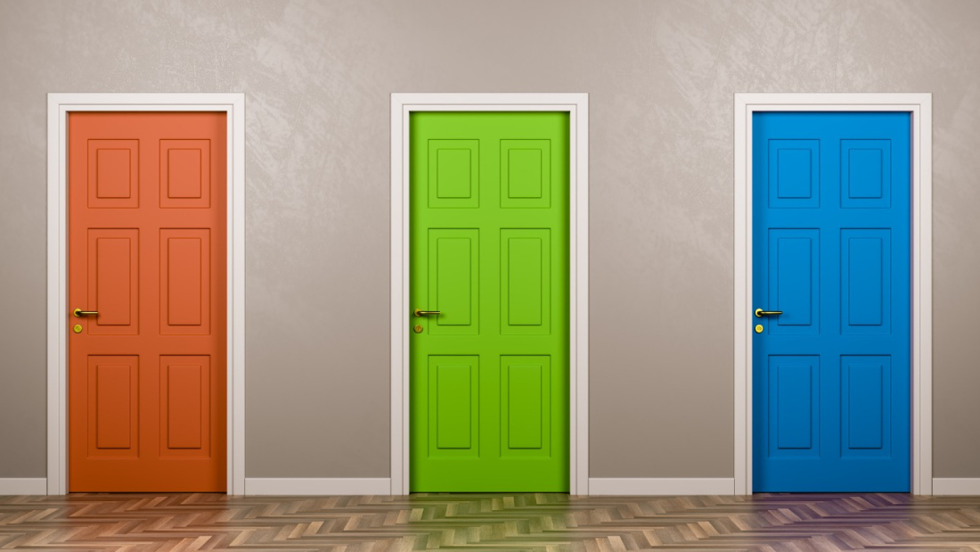 three doors of different colors, implying choice