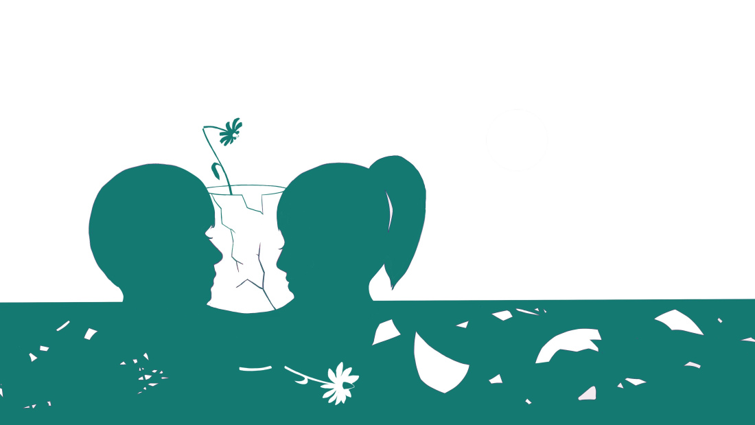 green and white illustration of boy and girl with shattered flower vase between them