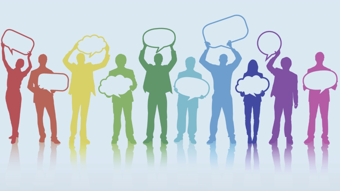 graphic illustration of group silhouettes holding speech bubbles