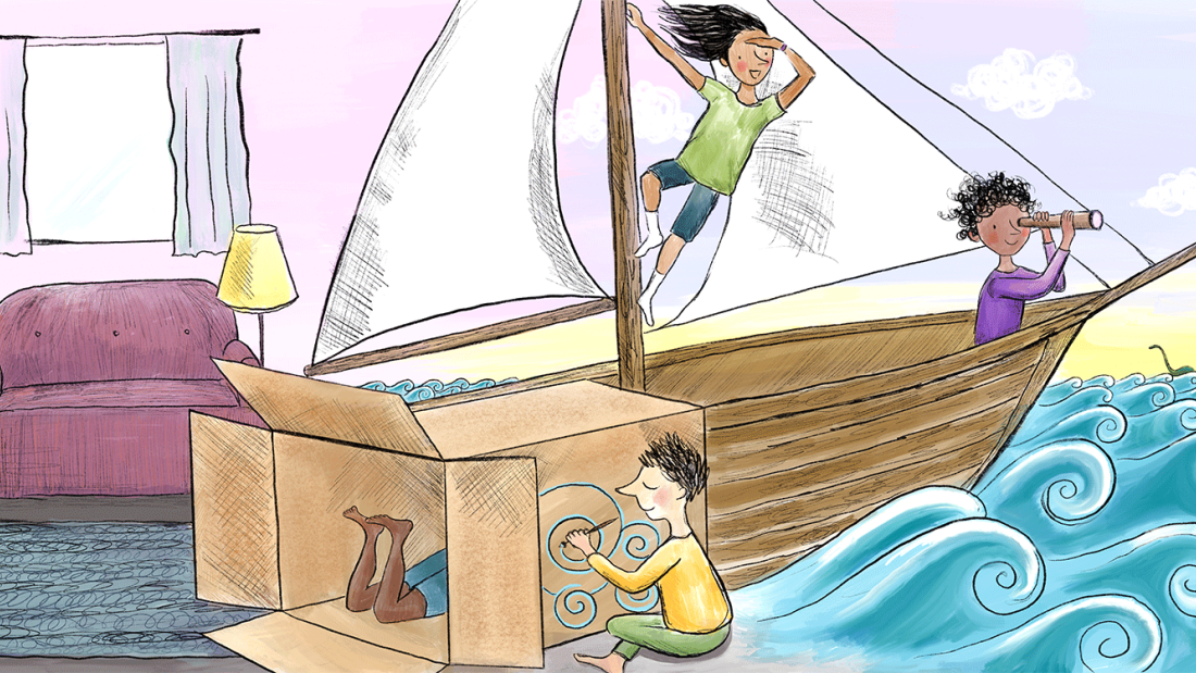 illustration of imaginary play, turning a box in the living room into a sailboat