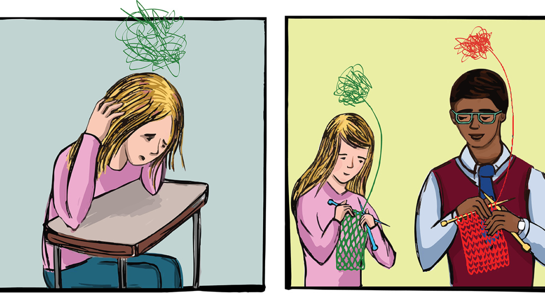 comic strip of a teen with yarn-like ball of thoughts and then teen and teacher knitting muddled thoughts together