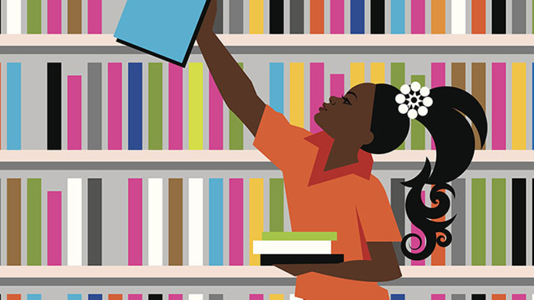 colorful graphic of African-American girl reaching for a library book, against a stack of books