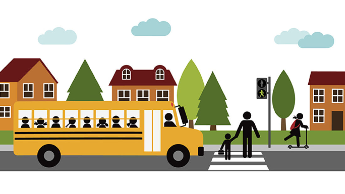 illustration of school with school bus and children