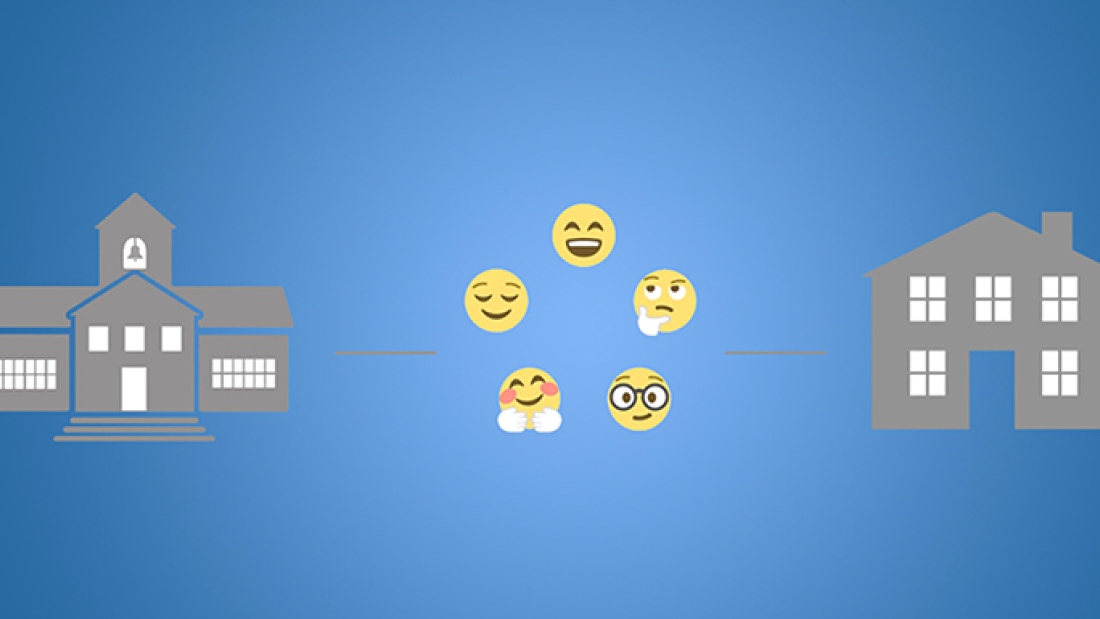 Illustration of a school on the left and a house on the right, with yellow emoticons in the middle