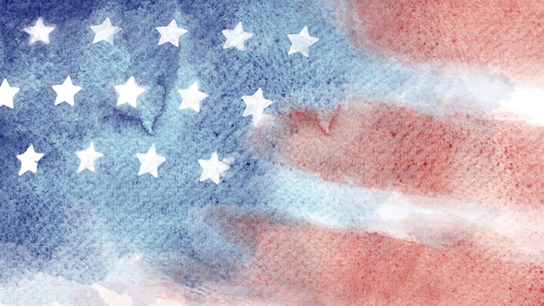 watercolor illustration of US flag, with paint blurring into paper