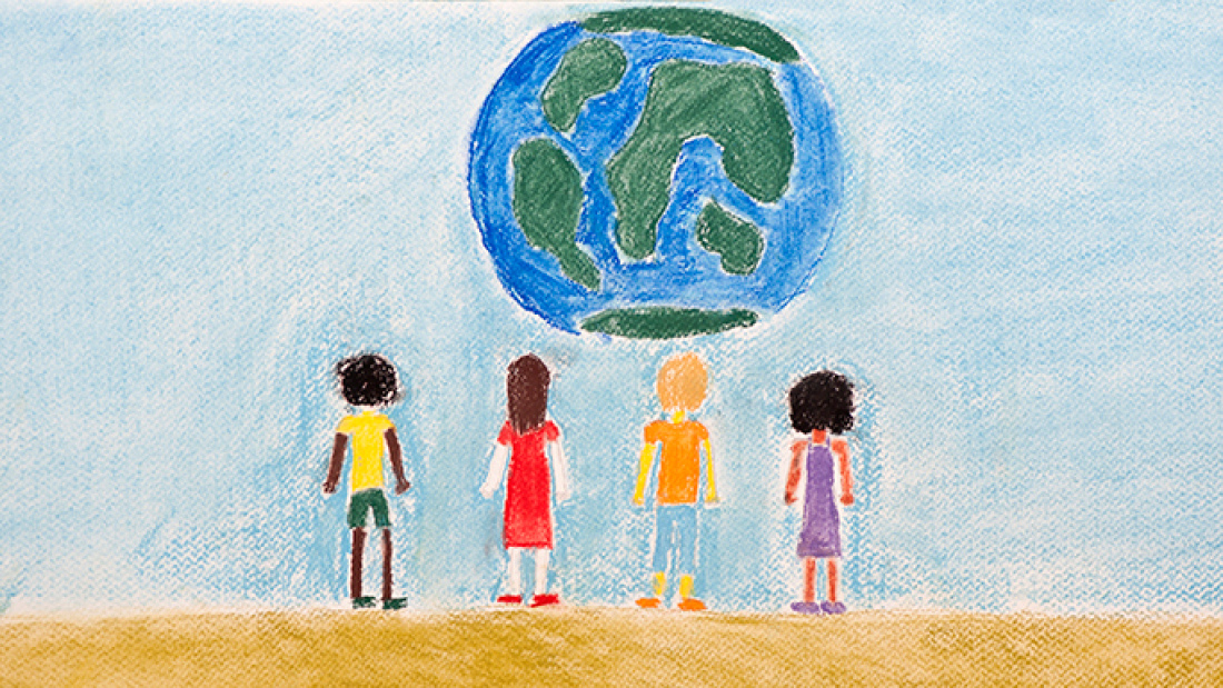 crayon drawing of children and the earth