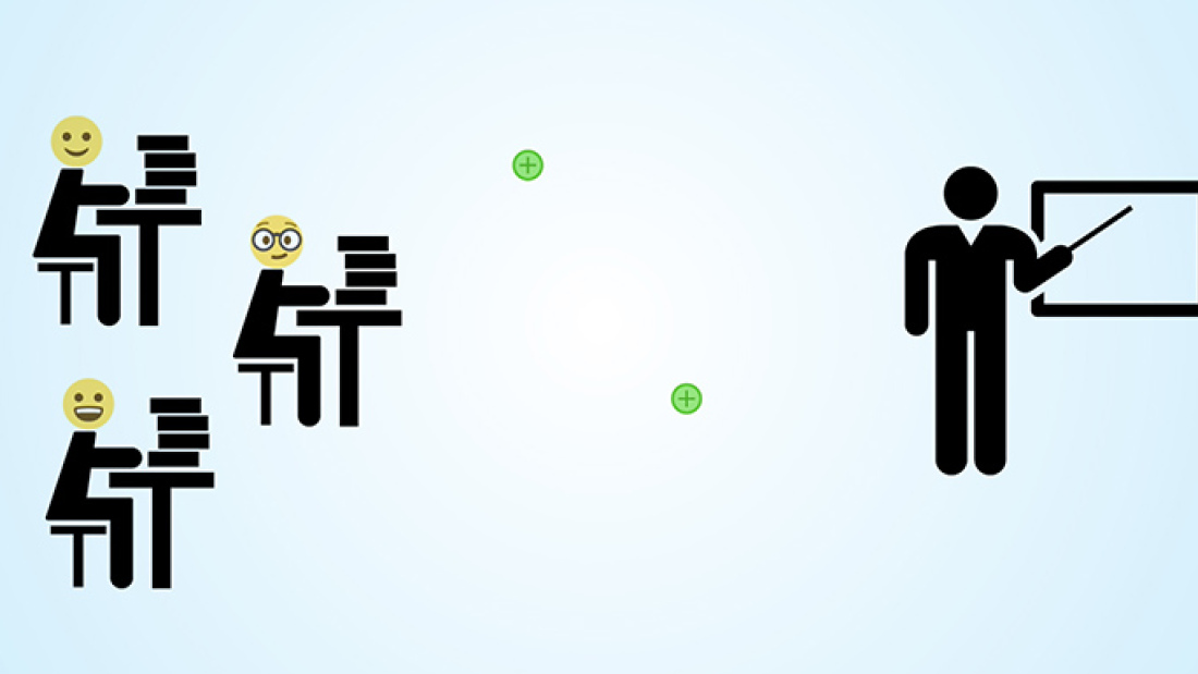 A graphic with icons of students and teacher, illustrating affirmation coming from teacher
